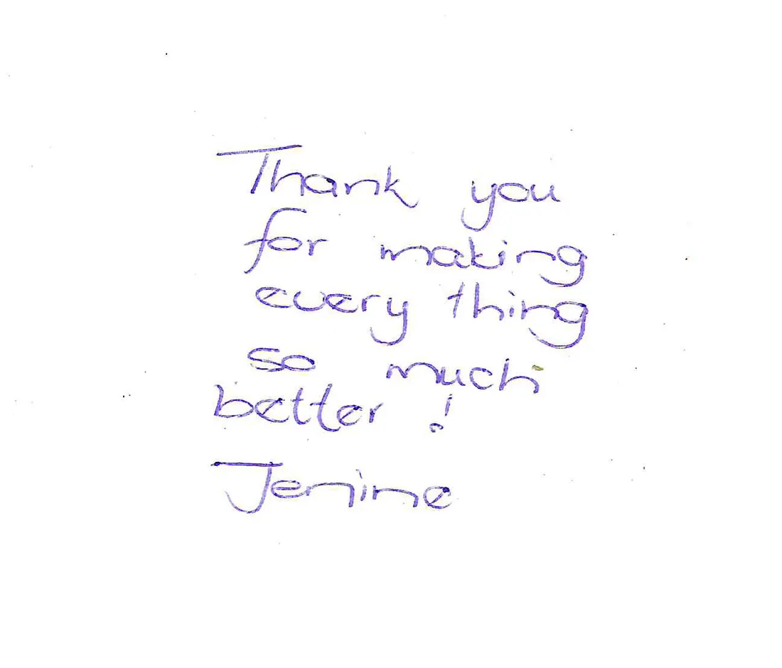 Thank-you note from Jenine
