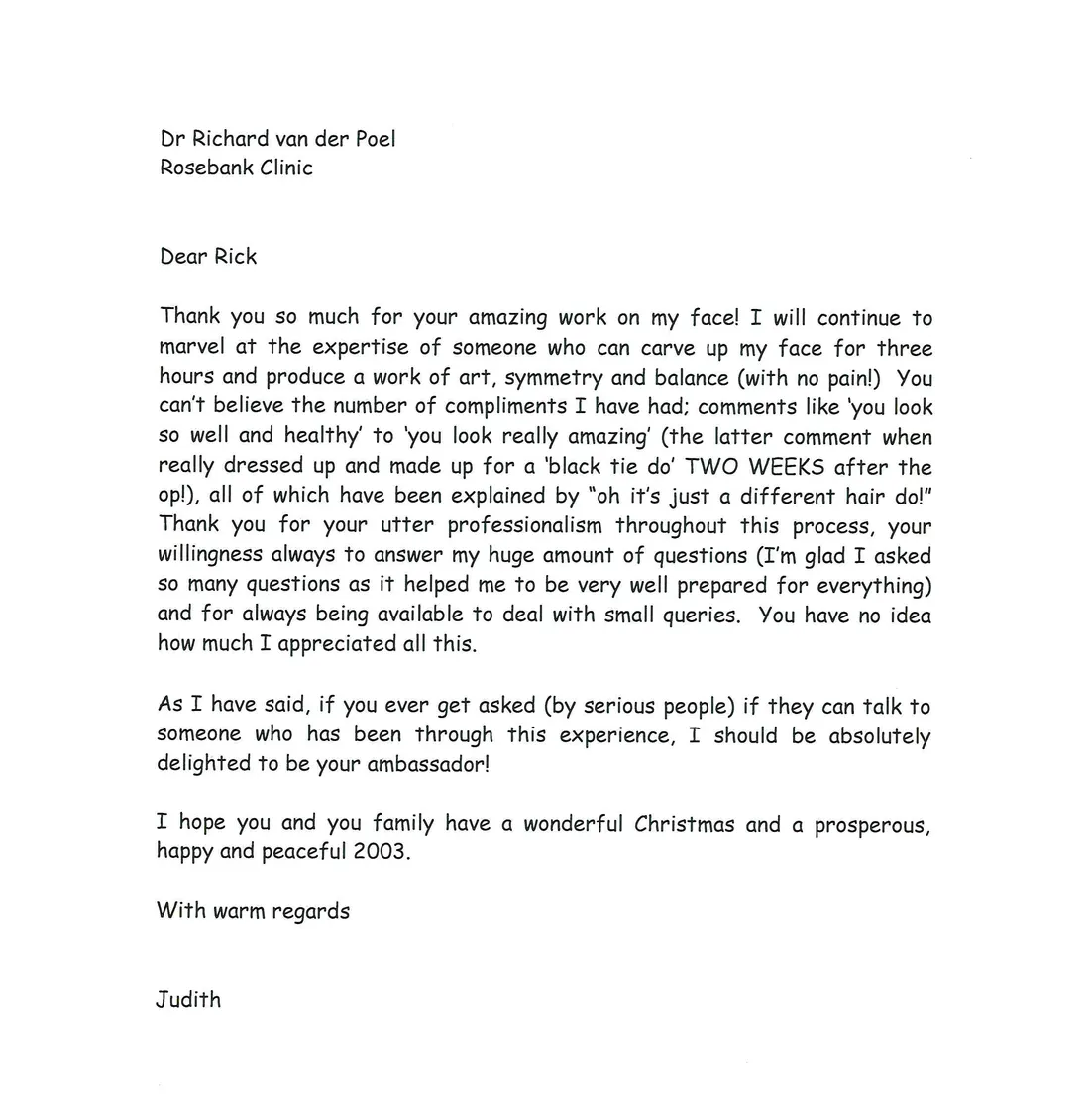 Typed thank-you letter from Judith