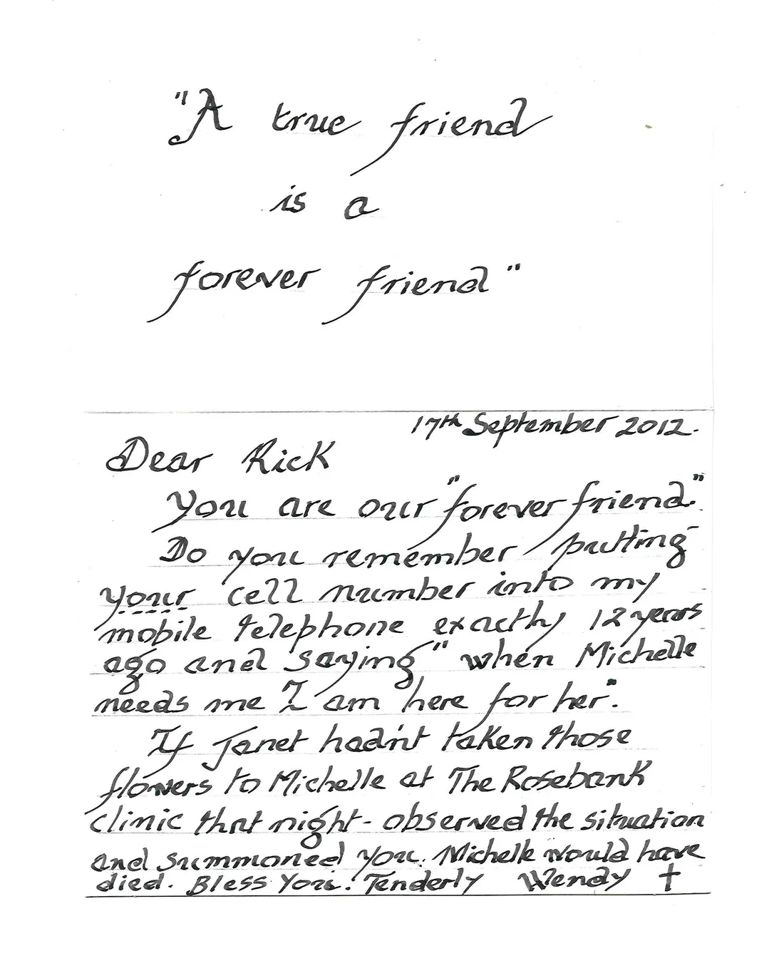 Handwritten letter from Wendy, September 2012